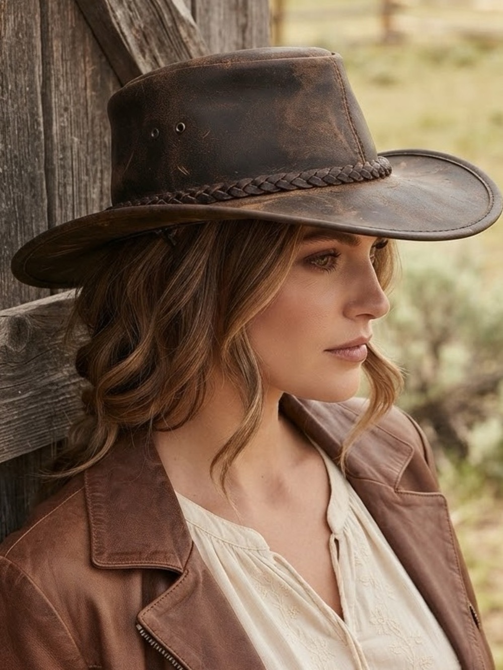 Women's all Leather Western Hat with Braided Band